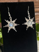 Load image into Gallery viewer, Rainbow Moonstone Star/Snowflake Wire-Wrapped Earrings
