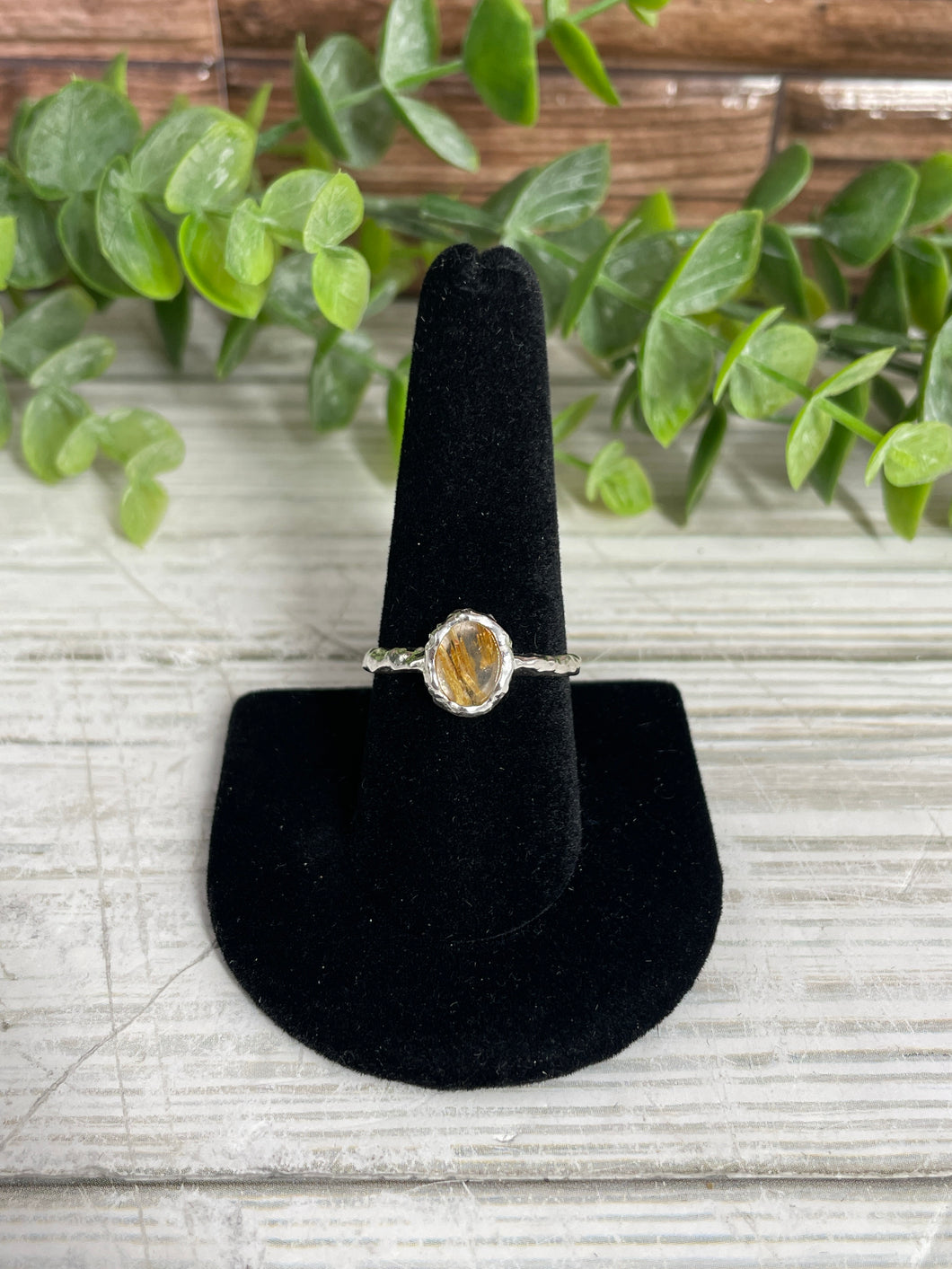 Rutilated Quartz SZ 9 Hammered Sterling Silver Ring