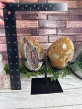Load image into Gallery viewer, Amethyst Agate Geode Pair on Metal Stand