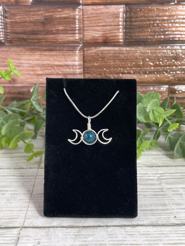 Blue Apatite Triple Moon Wire-Wrapped Pendant