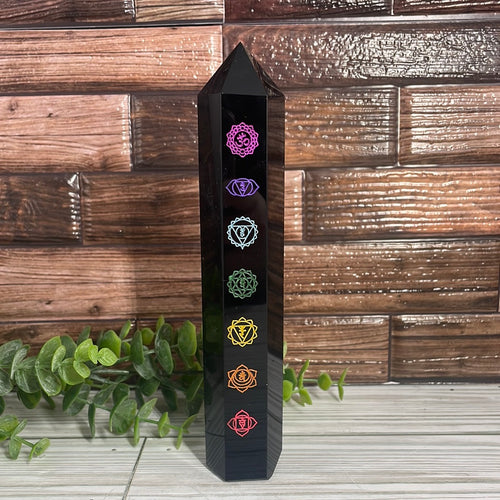 Engraved Obsidian Chakra Tower