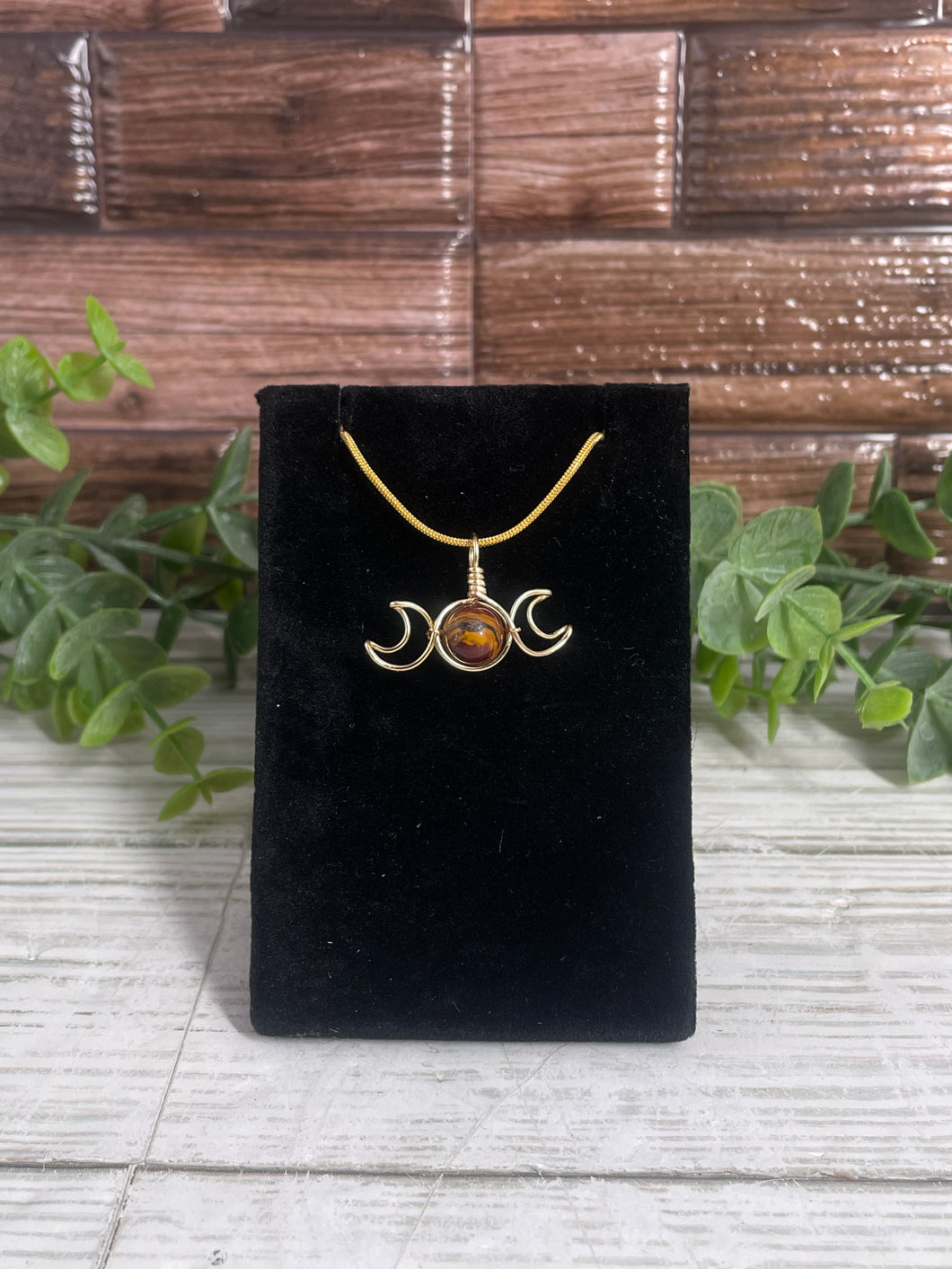 Mookaite Triple Moon Gold Wire-Wrapped Pendant