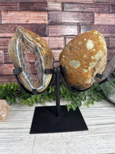 Load image into Gallery viewer, Amethyst Agate Geode Pair on Metal Stand