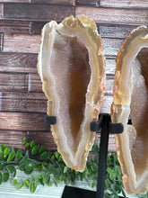 Load image into Gallery viewer, Agate Chalcedony Geode Pair on Metal Stand
