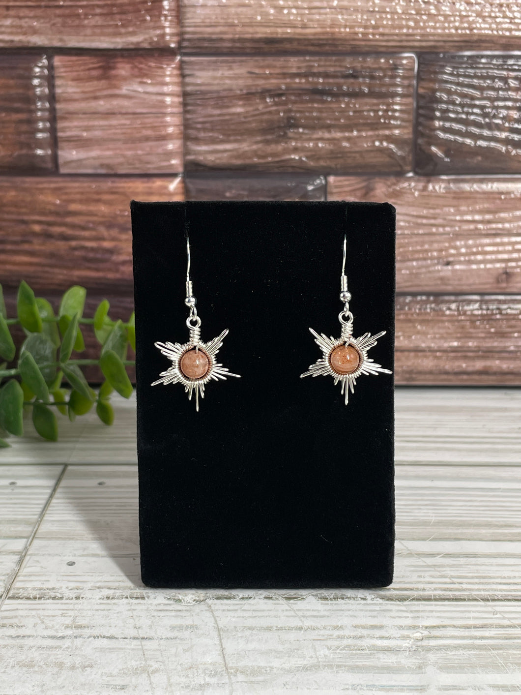Sunstone Star/Snowflake Wire-Wrapped Earrings