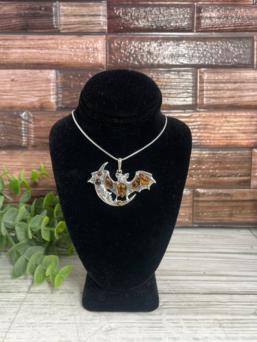 Amber Bat & Moon Sterling Silver Pendant