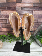Load image into Gallery viewer, Agate Chalcedony Geode Pair on Metal Stand