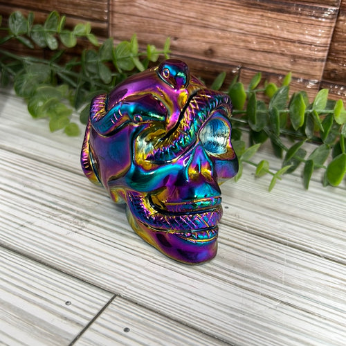 Rainbow Aura Obsidian Skull with Snake