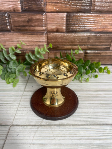Brass Incense Cone Burner With Wooden Base
