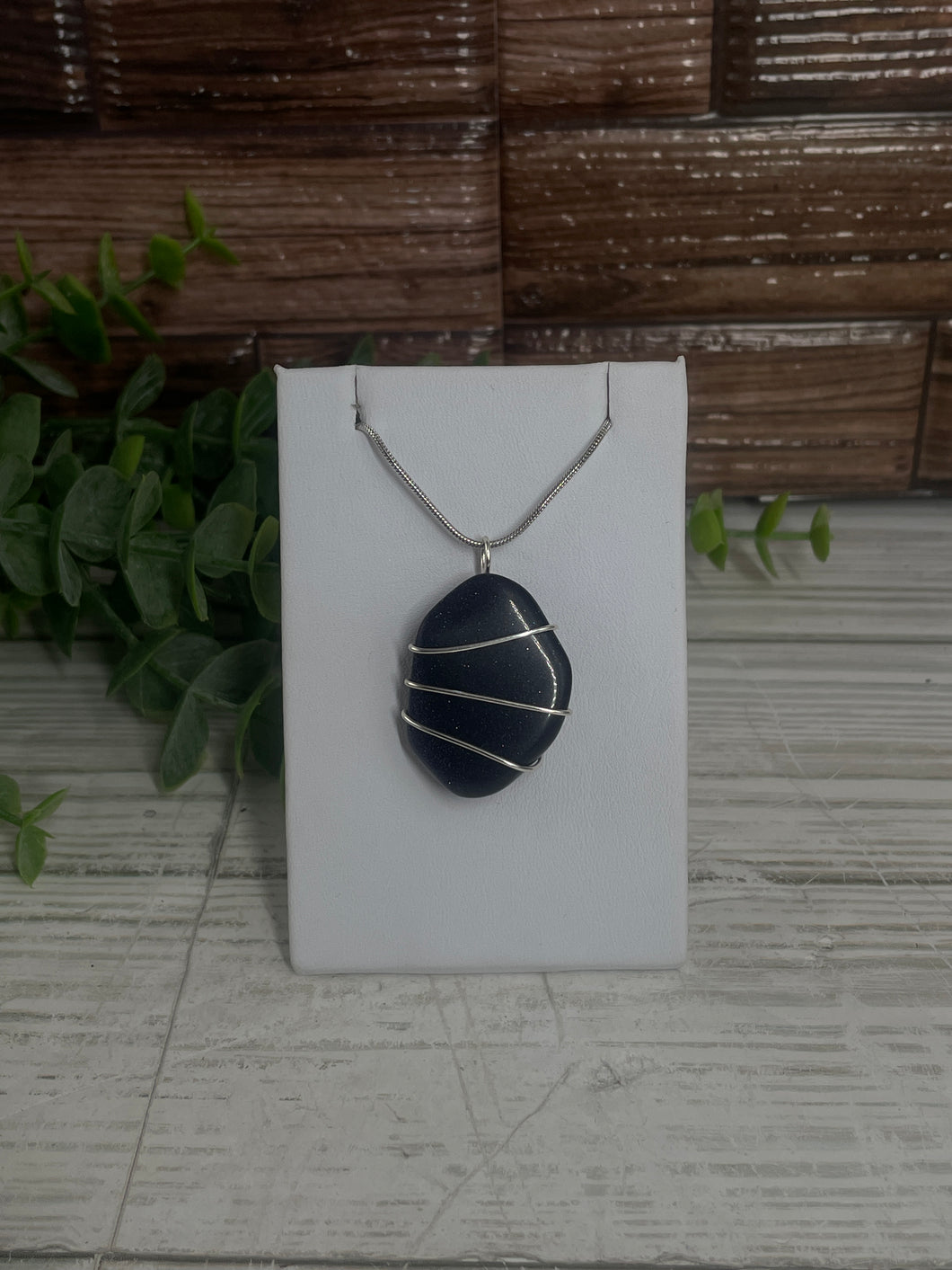 Blue Goldstone Wire-Wrapped Pendant