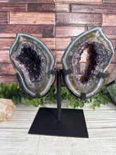 Load image into Gallery viewer, Amethyst Agate Geode Pair on Metal Stand