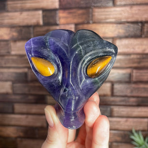 Fluorite Alien Head With Tiger Eye Eyes