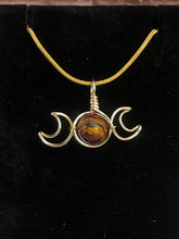 Load image into Gallery viewer, Mookaite Triple Moon Gold Wire-Wrapped Pendant