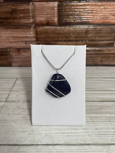 Blue Goldstone Wire-Wrapped Pendant