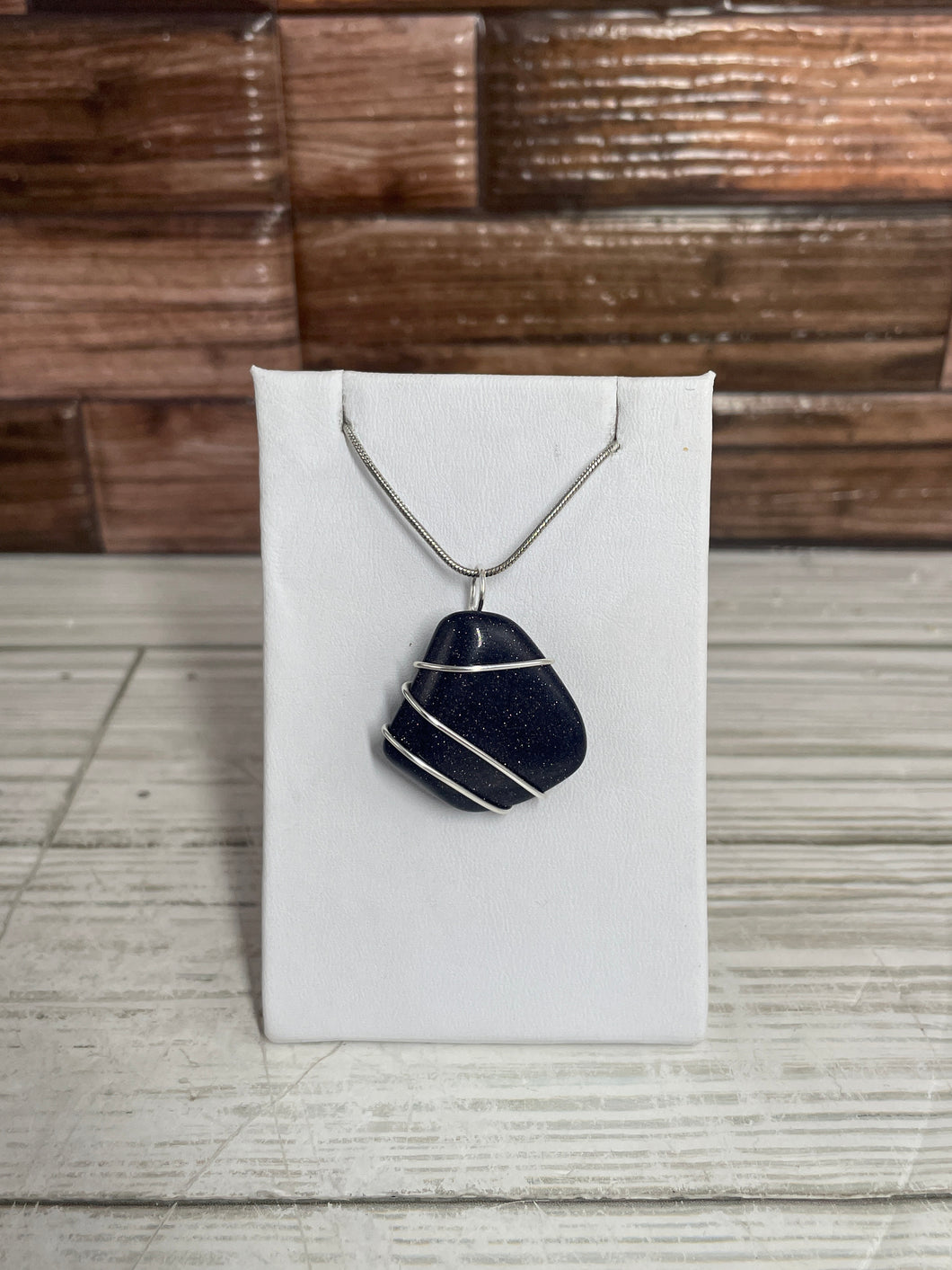 Blue Goldstone Wire-Wrapped Pendant