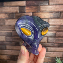 Load image into Gallery viewer, Fluorite Alien Head With Tiger Eye Eyes