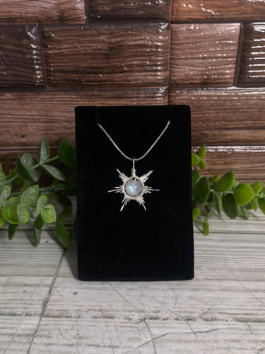 Rainbow Moonstone Star/Snowflake Wire-Wrapped Pendant