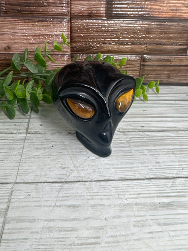 Obsidian and Tiger Eye Alien Skull Carving