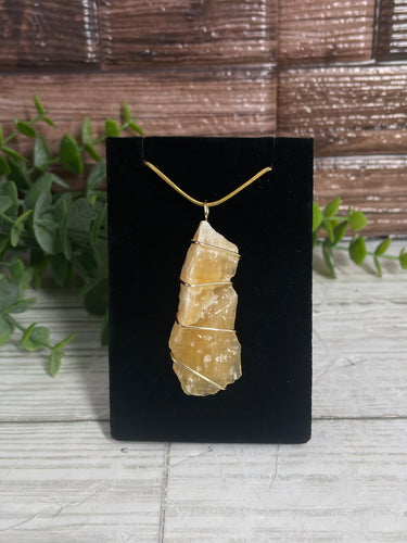 Orange Calcite Wire-Wrapped Pendant (Gold)