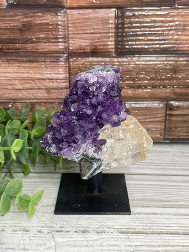 Amethyst With Calcite On Metal Stand