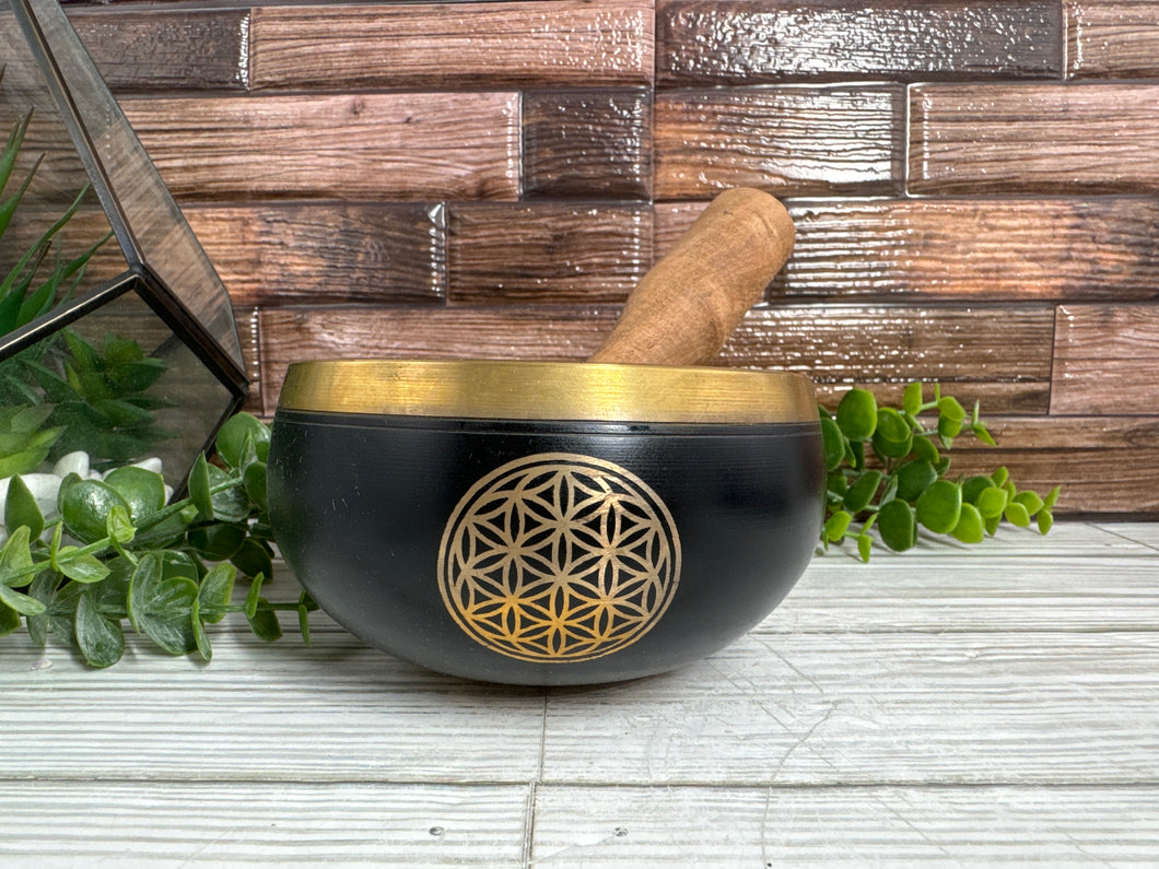 Flower of Life Singing Bowl- Black and Gold