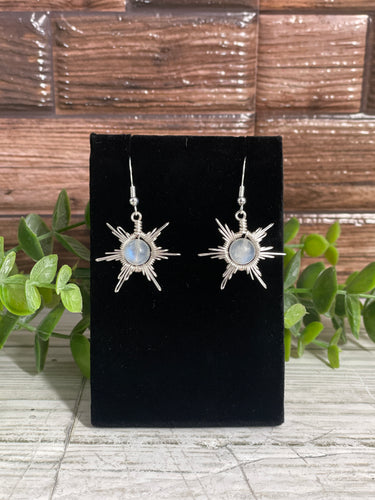 Rainbow Moonstone Star/Snowflake Wire-Wrapped Earrings