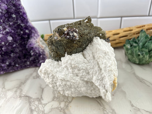 White Barite, Marcasite and Red Raspberry Sphalerite Specimen