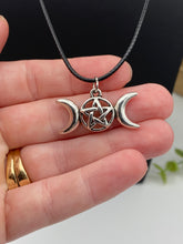 Load image into Gallery viewer, Triple Moon Necklace | Pentagram Moon Pendant | Pentacle Vegan Leather Rope Accessory
