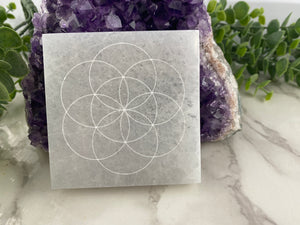 Selenite Seed of Life Engraved Crystal Grid Coaster