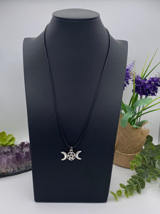 Triple Moon Necklace | Pentagram Moon Pendant | Pentacle Vegan Leather Rope Accessory