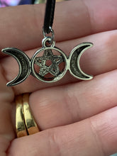 Load image into Gallery viewer, Triple Moon Necklace | Pentagram Moon Pendant | Pentacle Vegan Leather Rope Accessory