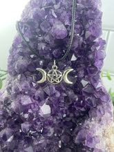 Load image into Gallery viewer, Triple Moon Necklace | Pentagram Moon Pendant | Pentacle Vegan Leather Rope Accessory